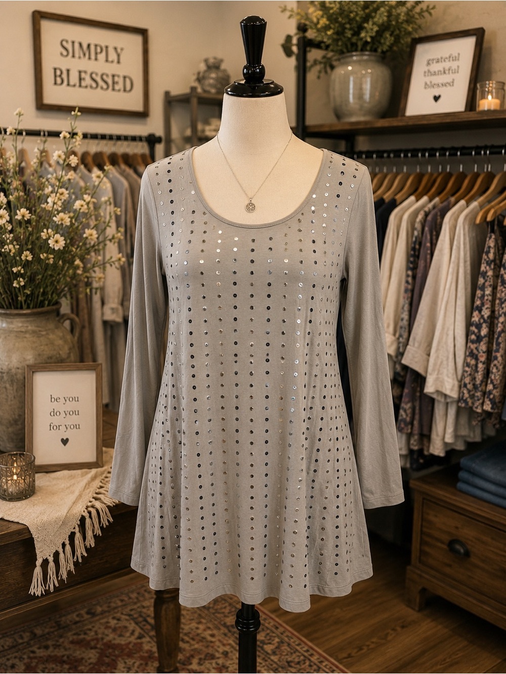 Diane Gilman Gray Sequin-Studded Long-Sleeve Tunic